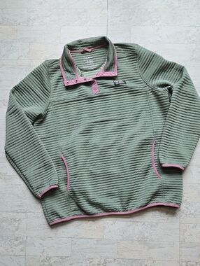 L.L. Bean Airlight Knit Pullover Snap Neck Sage Green Pink Trim Women's XL Tall